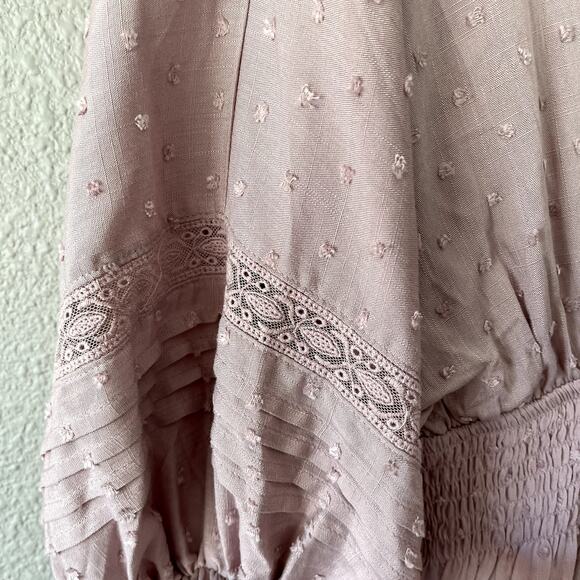 Boho Swiss Dot Crochet Accent Open Tassel Tie Back Womens Balloon Sleeve Dress S - Picture 9 of 14